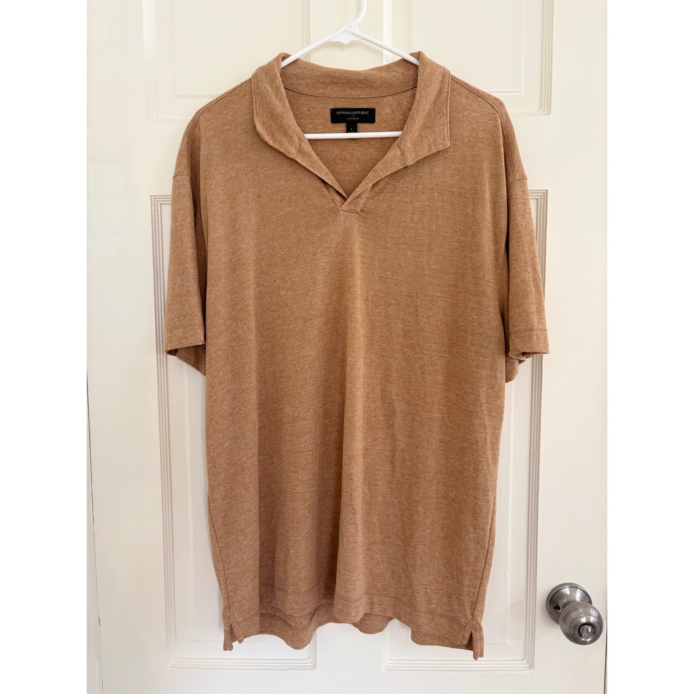 Banana Republic Factory Mens Linen Blend Johnny Collar Polo Shirt Tan Large